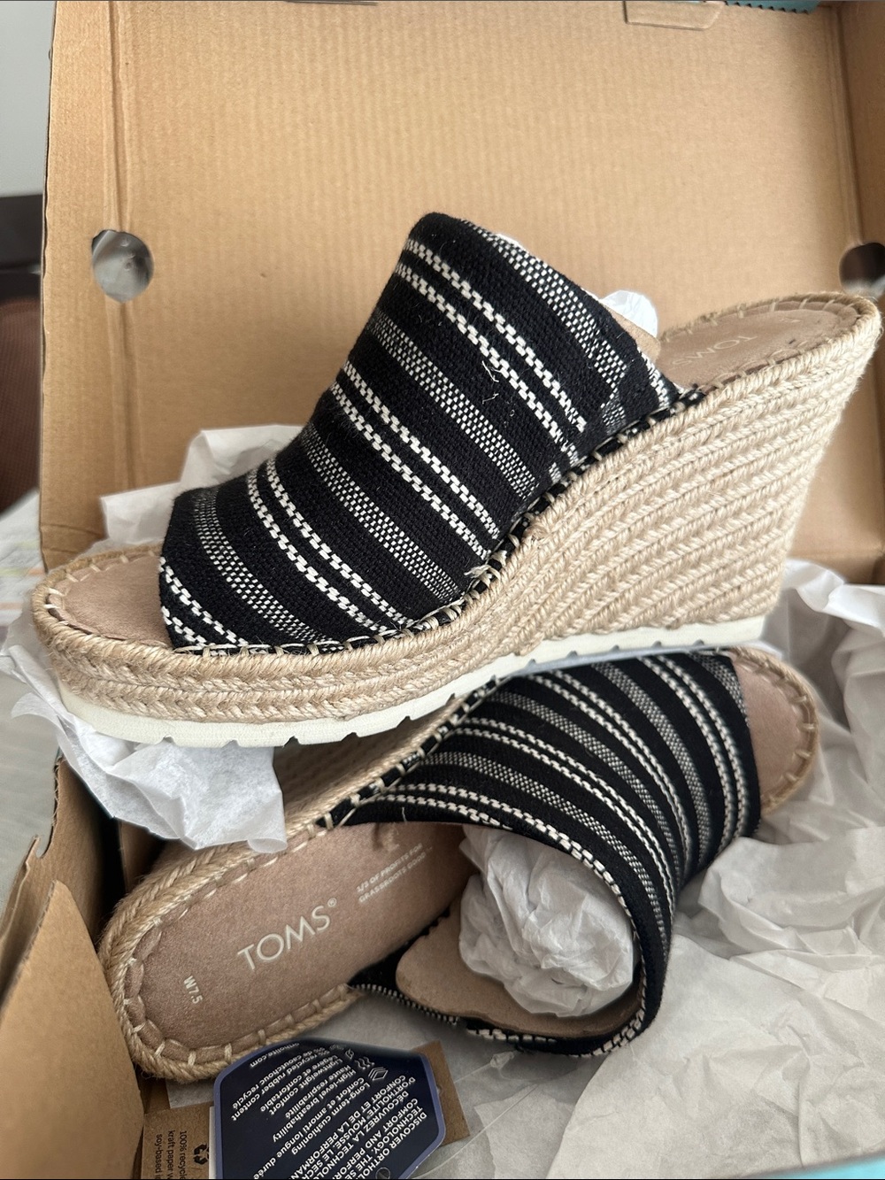 TOMS Black & White Striped Espadrille Wedge
